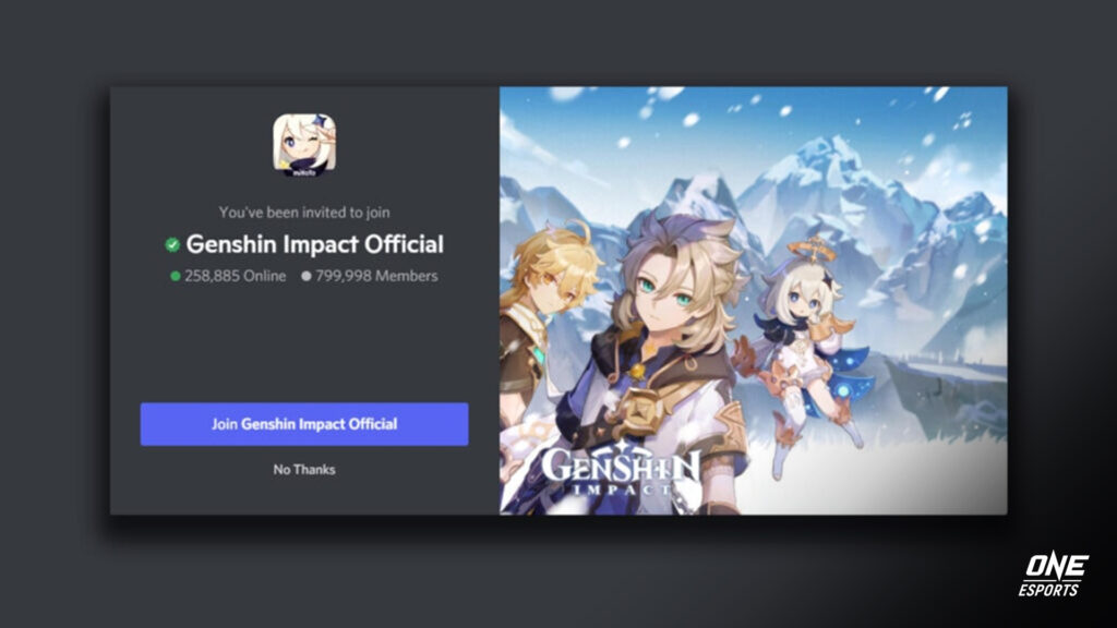 A screenshot of the official Genshin Impact Discord server's welcome screen